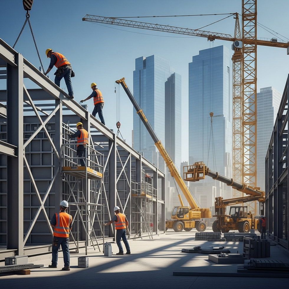 A construction site with workers assembling a high-tech data center amidst an AI infrastructure boom.