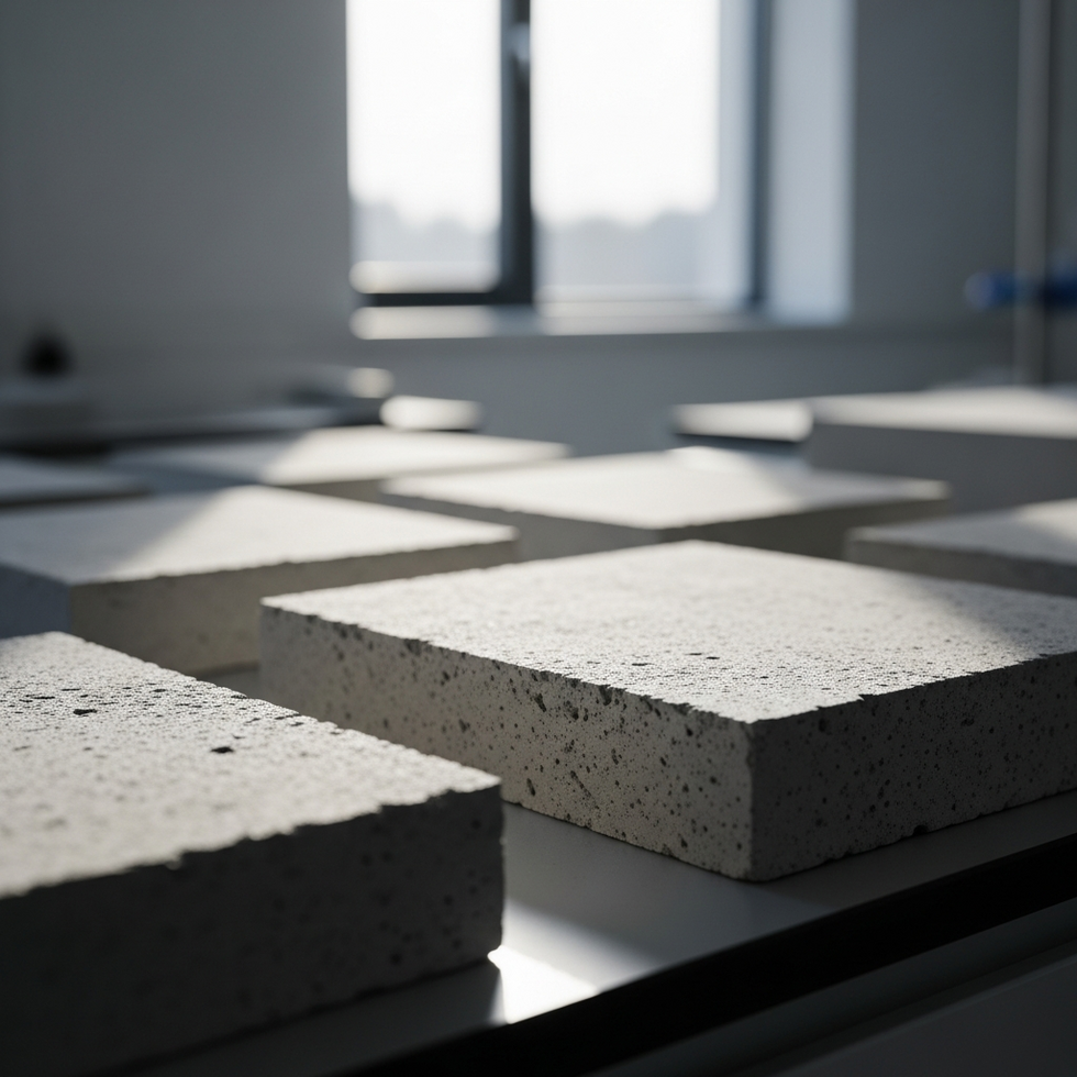 concrete technology Close-up of high-performance and self-healing concrete samples on an engineering laboratory bench.