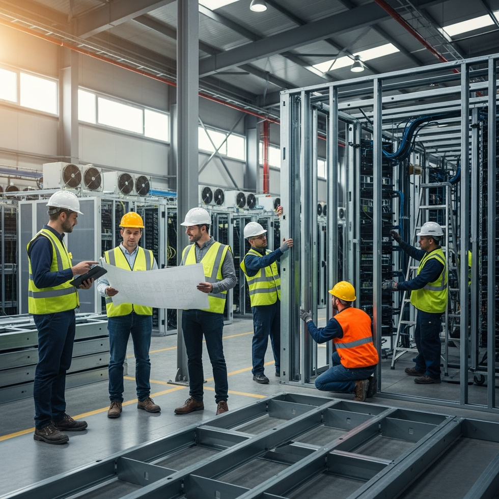 Engineers and construction workers collaborating on a large AI data center project.