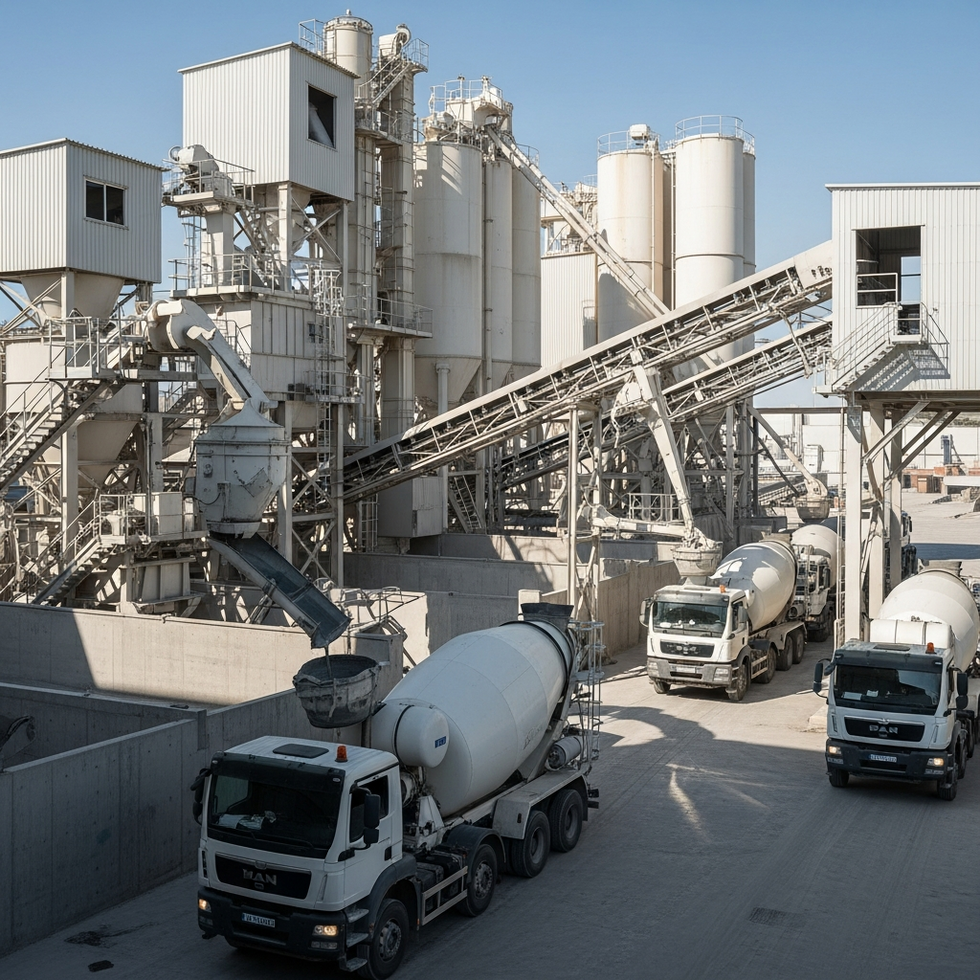 Image of a high-capacity ready-mix concrete plant with loading trucks and automated batching systems operating seamlessly.