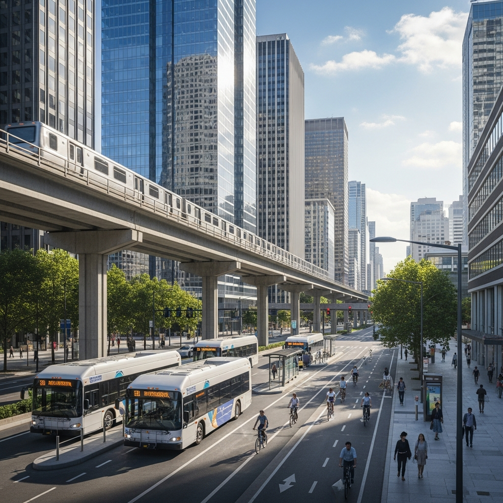 A bustling cityscape featuring modern transportation infrastructure including electric buses, bike lanes, and elevated rail systems during daytime.