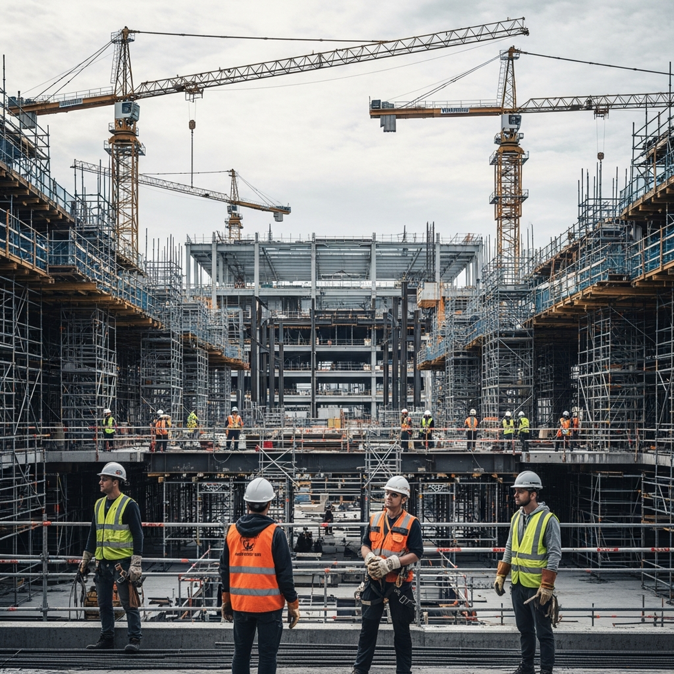 Workers in safety gear at a massive AI data center under construction, with cranes and scaffolding visible.