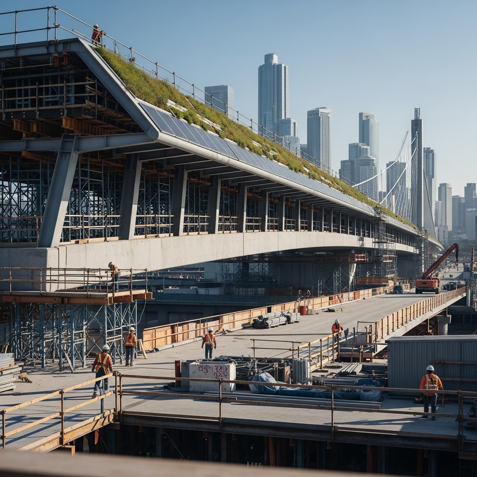 Construction site of a modern sustainable bridge with eco-friendly design features, set against a city skyline.
