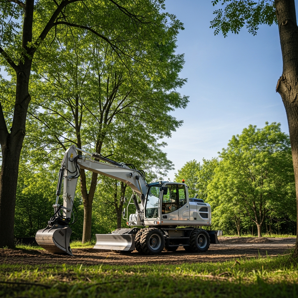 Eco-friendly electric construction machinery on site with green surroundings