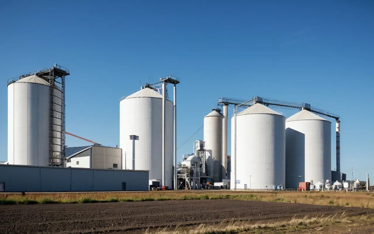 industrial concrete plant site A photo-realistic scene of a modern industrial site with tall white silos and large mixing machinery under a clear blue sky. In the foreground, a narrow paved road is lined with parked cars and surrounded by green trees and bushes.