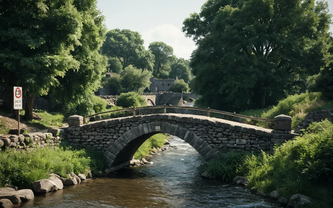 bridge near concrete plant site A photo-realistic scene of a small stone bridge spanning a gentle river surrounded by lush green trees and bushes. In the background, there is an open industrial area with large silos under soft daylight.