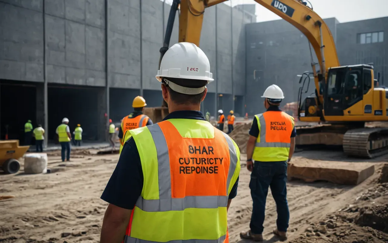 construction safety A photorealistic image of a construction site emergency response scene with workers in high-visibility vests and hard hats securing a perimeter with yellow caution tape around damaged equipment, morning sunlight casting long shadows, professional safety team assessing the area with serious expressions, modern construction background with cranes and scaffolding visible in distance, no text or signage visible