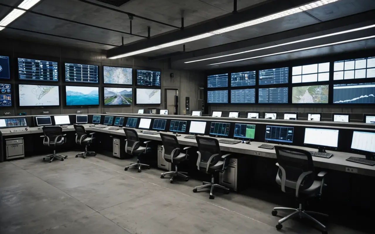 ready mix plant technology A photorealistic image of a modern ready-mix concrete plant control room with large digital screens displaying real-time monitoring data, operators in safety gear analyzing system status, clean industrial interior with organized workstations, soft overhead lighting creating focused atmosphere, no text or digital displays with readable words, only abstract data visualizations