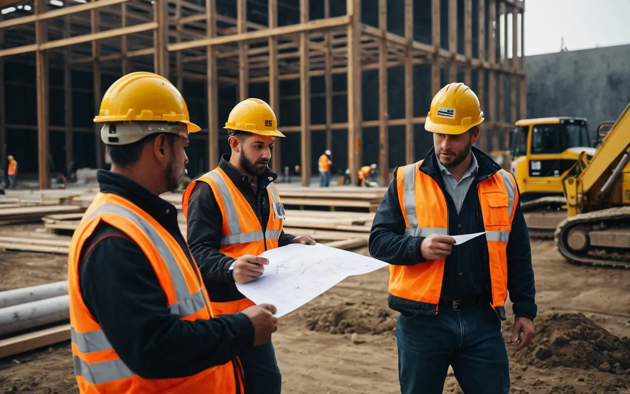 safety training procedures A photorealistic image of construction workers participating in a safety training exercise on a job site, wearing full personal protective equipment including hard hats and reflective vests, instructor demonstrating proper emergency response procedures with gestures, clear daylight setting with modern construction equipment in background, professional and focused atmosphere, no text or signage visible