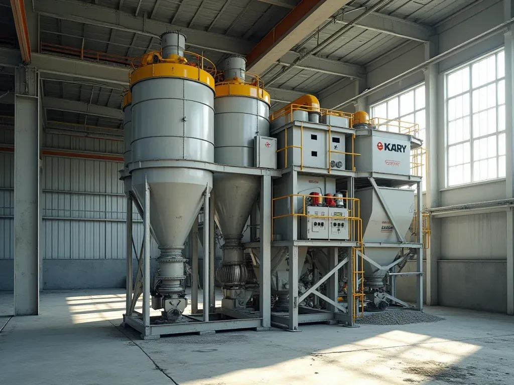 A bright, sunlit industrial facility interior featuring a large automated concrete batching machine with metallic hoppers, digital control panels, and clean concrete flooring. Soft shadows highlight the machinery curves. No people, text, or branding visible. High contrast photography.