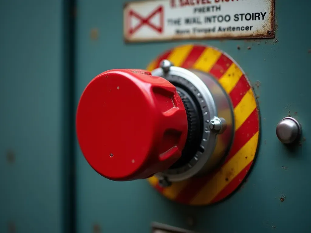 A close-up of a red emergency stop button mounted on a steel control panel with safety labels and warning stripes around it