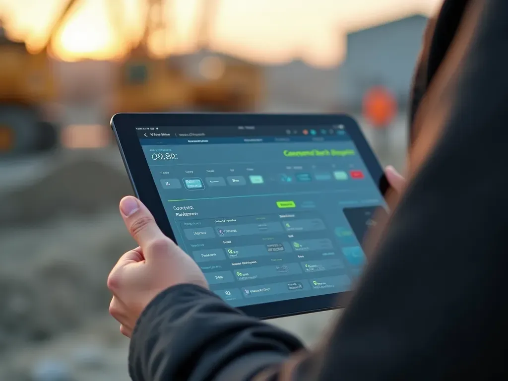 A close-up photorealistic shot of a tablet screen showing synchronized concrete batch data and dispatch logistics in an outdoor construction environment with blurred background machinery.