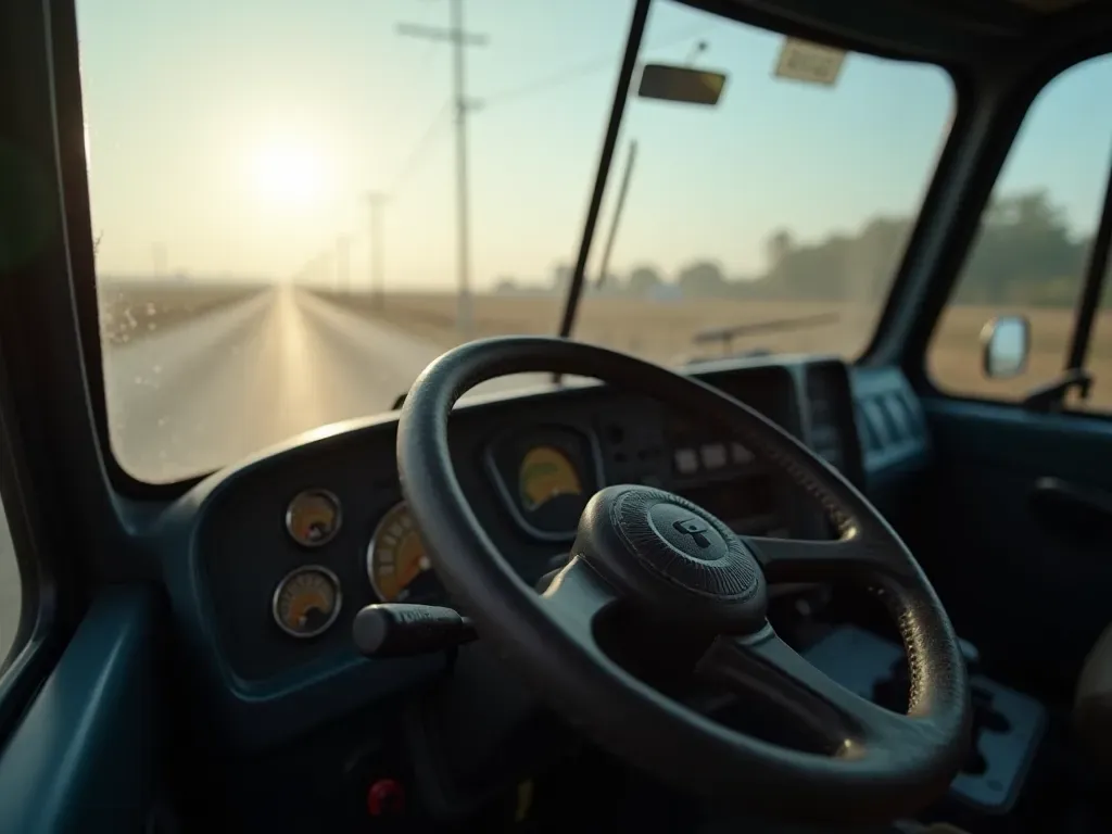 ready mix drivers A close-up shot of a concrete mixer truck dashboard showing gauges and controls with sunlight streaming through the windshield highlighting dust particles in the air inside the cab.