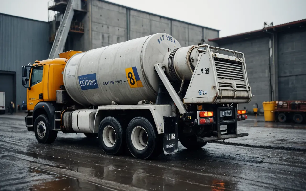 A close-up view of a concrete mixer truck with its chute extended. The texture of the wet concrete is visible, and the background shows a blurred industrial yard.