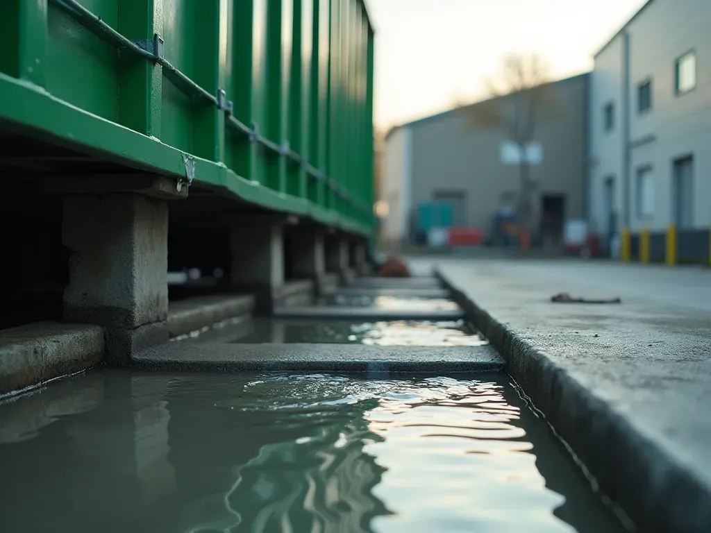 A close up view of a concrete washout basin with clear water being drained into a recycling tank next to a large green industrial truck in a clean outdoor yard area showing no text or signage on any surfaces.