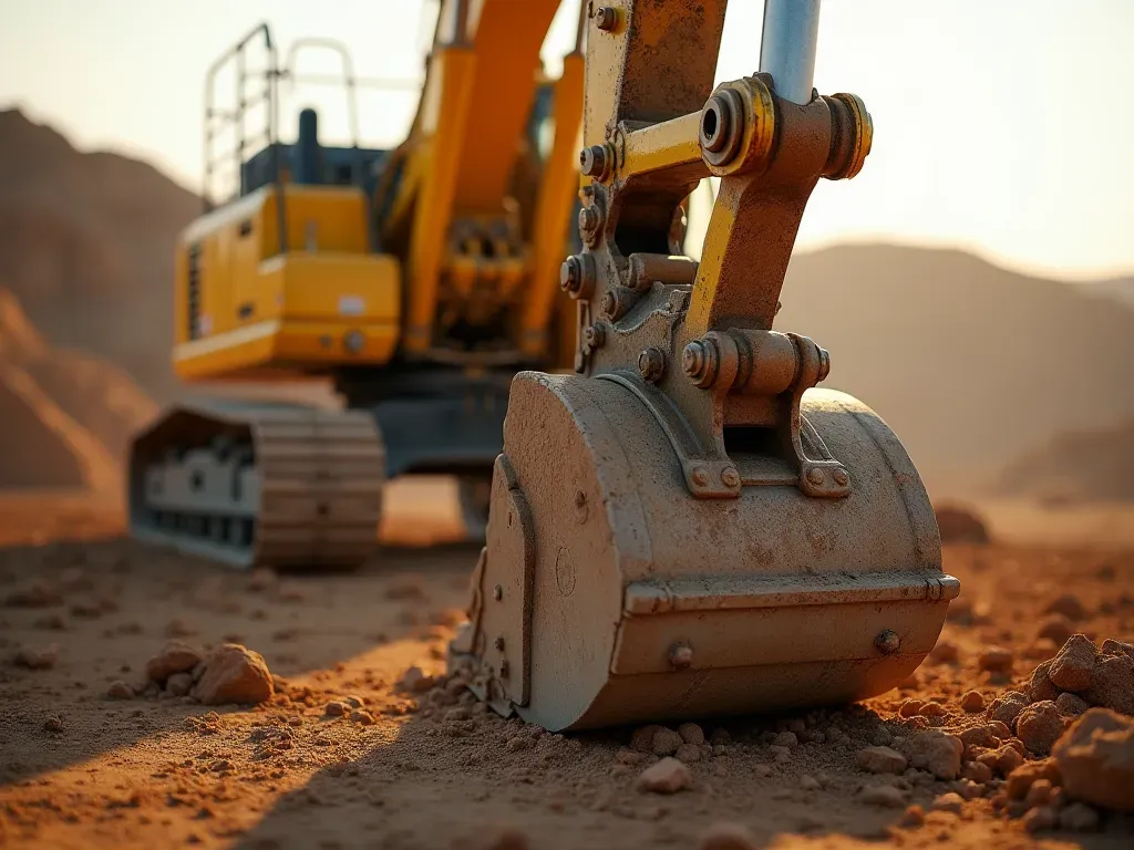 heavy machinery automation A close-up view of a heavy-duty yellow excavator arm in an open dirt pit. Bright sunlight highlights the hydraulic hoses and steel joints. The machine is stationary but ready for action, emphasizing industrial strength.