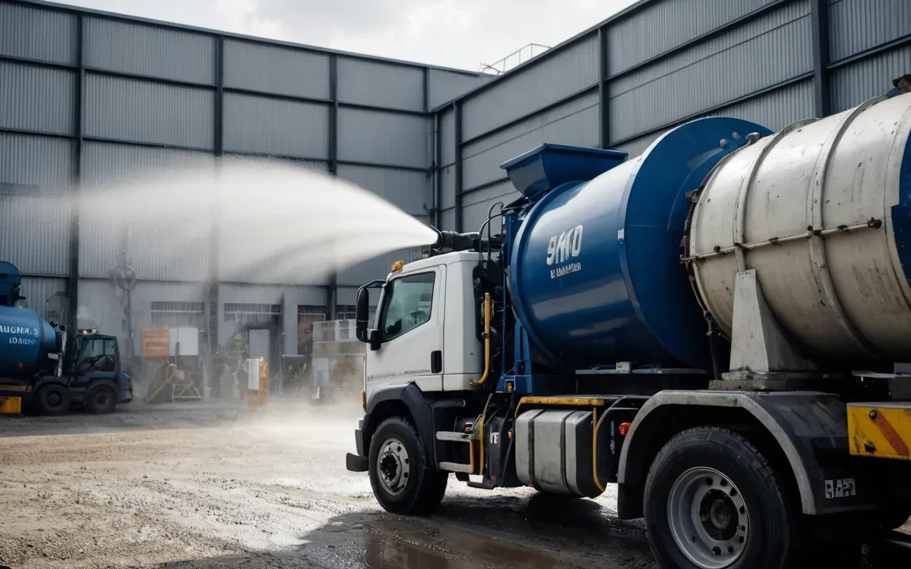 A close up view of a modern concrete mixer with water spray nozzles actively reducing dust clouds near the loading bay in an industrial yard with metal fencing.