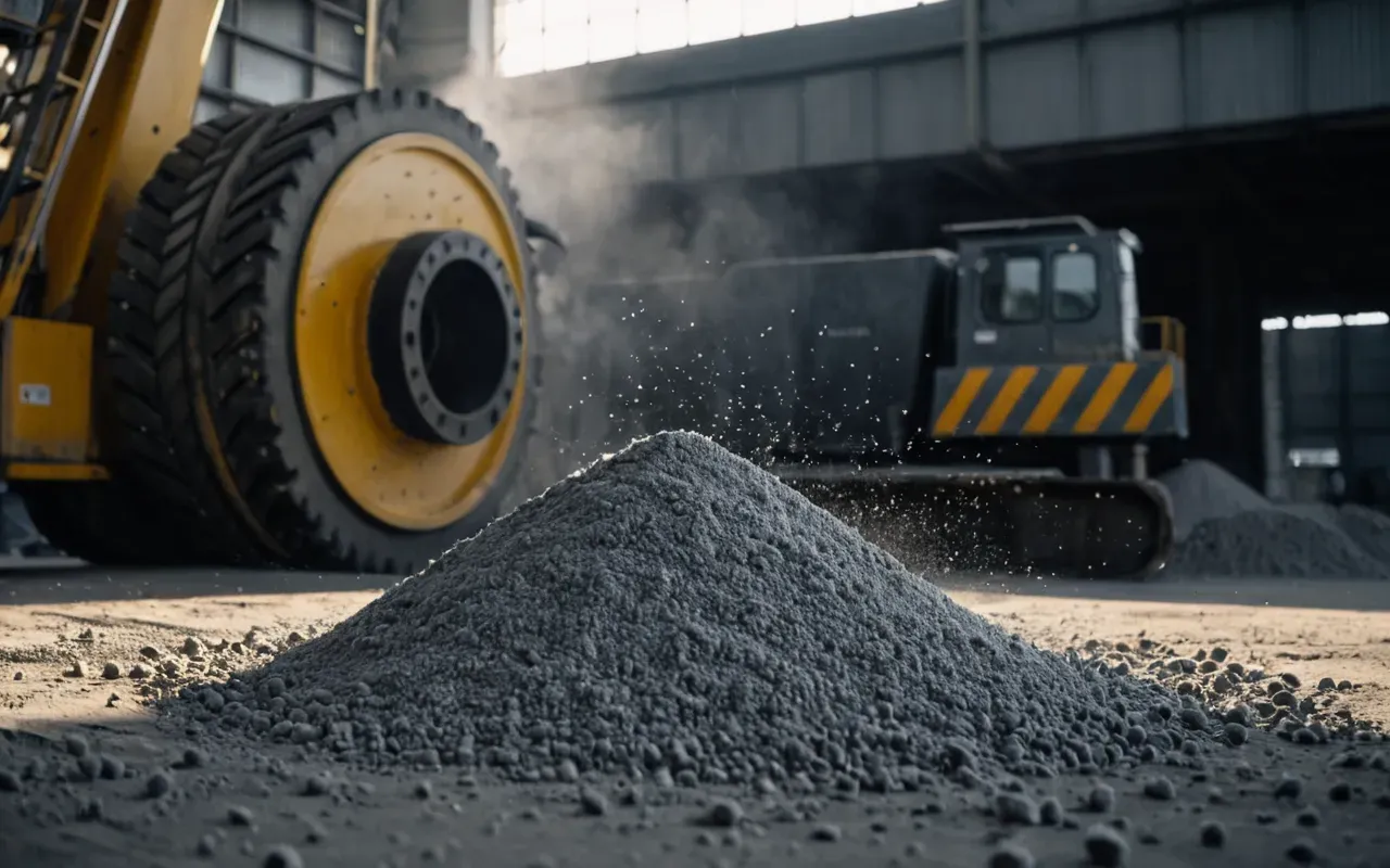 dust control measures A close-up view of concrete dust particles floating in the air near a large crushing machine, with sunlight highlighting the fine grey powder against a dark industrial background.