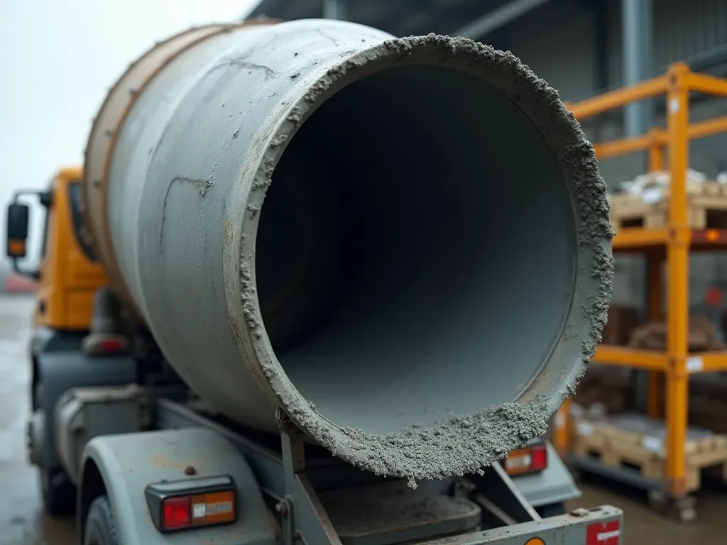 concrete mixer operations A close up view of concrete mixer drum rotating on a truck chassis, showing smooth gray material inside, with clean industrial background and bright daylight lighting