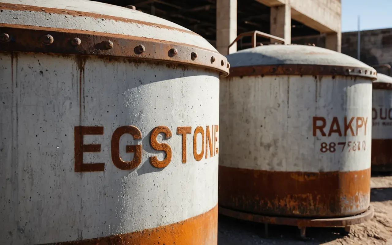 A close up view of heavy duty concrete mixer drums with rust and wear visible under bright midday sunlight showing texture details.