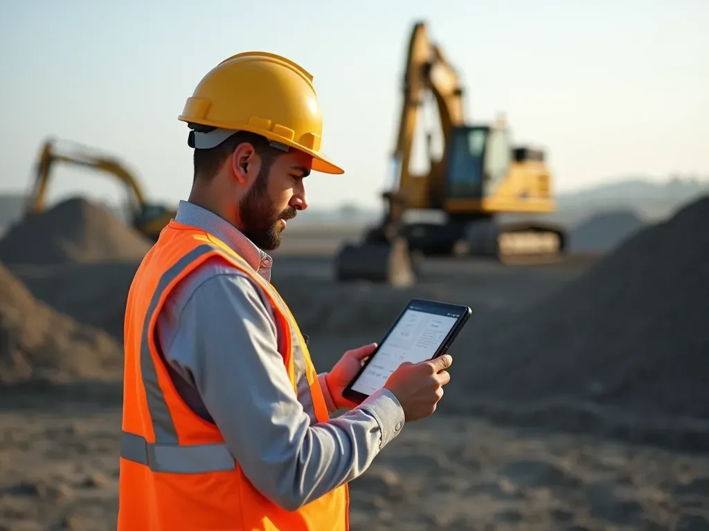 project management tech A construction manager wearing a hard hat and safety vest reviewing data on a rugged tablet. In the background, an excavator works autonomously near a pile of fresh concrete ready for pouring.