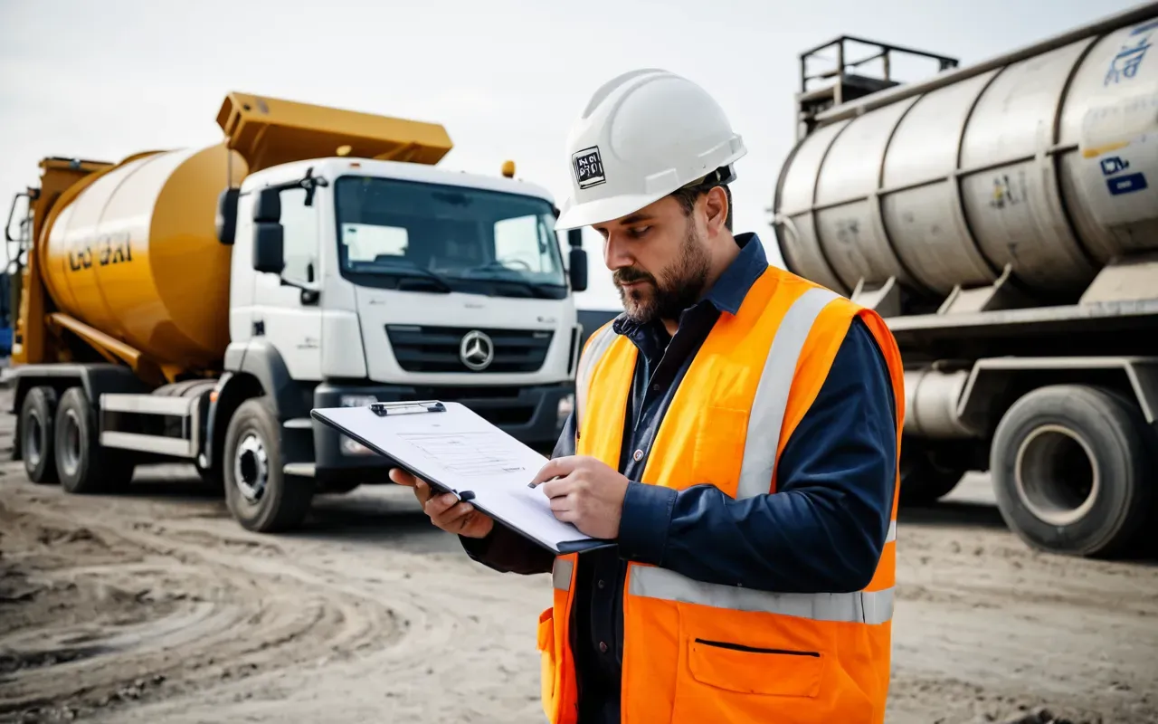 A construction site manager in a high visibility vest reviewing documents on a clipboard near a parked concrete mixer truck. The background shows an active building under construction with scaffolding.