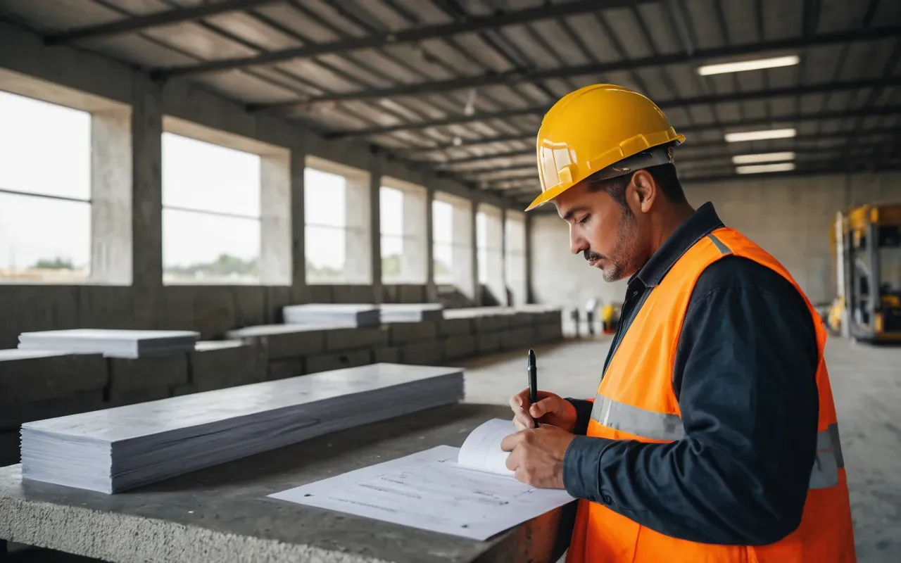 site management review A construction supervisor reviewing documents at a portable site office with concrete forms in the background, natural daylight illuminating the workspace and showing detailed engineering plans on the table