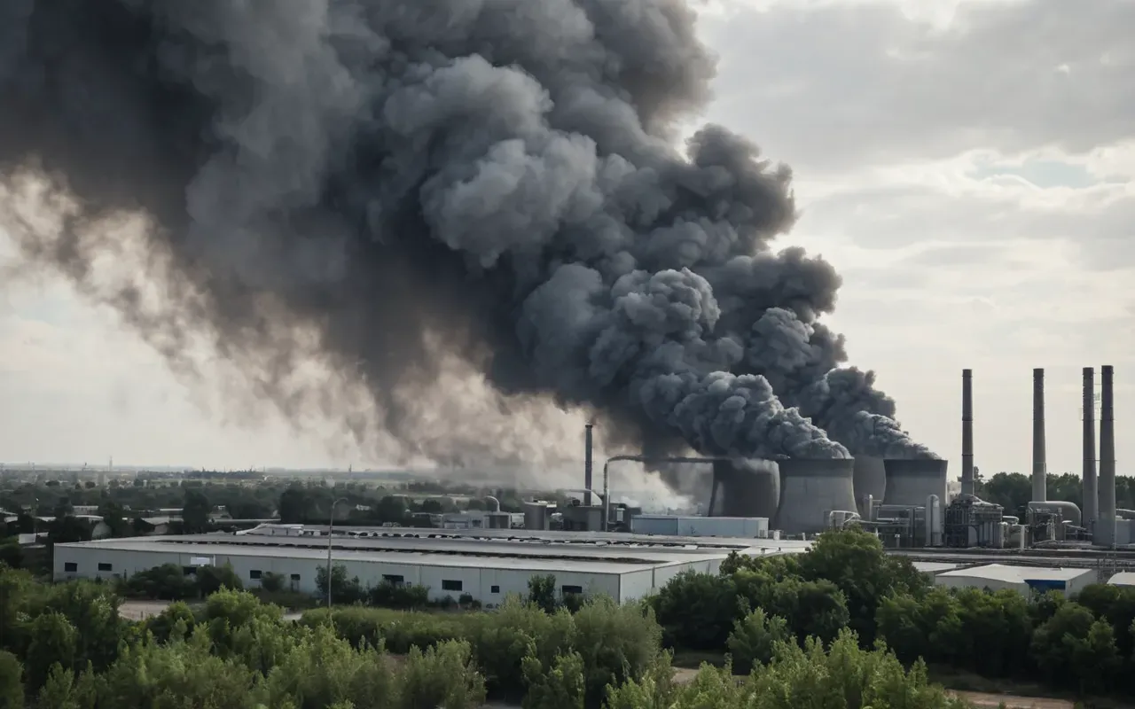 A dense cloud of grey dust billowing from a large industrial facility into the sky near residential houses with visible windows and green trees in the background under bright daylight.