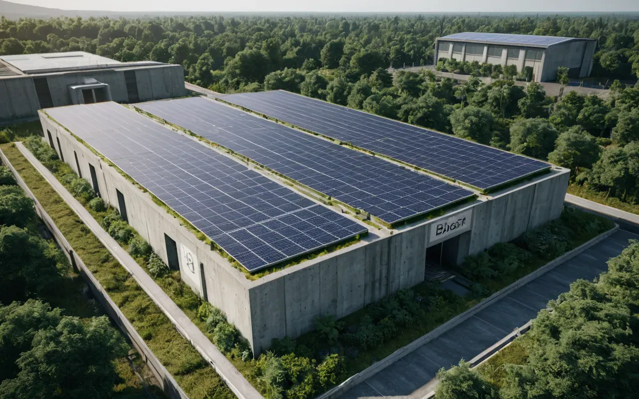 sustainable industrial design A futuristic concept of a fully enclosed concrete processing facility with green roofs and solar panels, surrounded by lush vegetation and modern residential buildings.