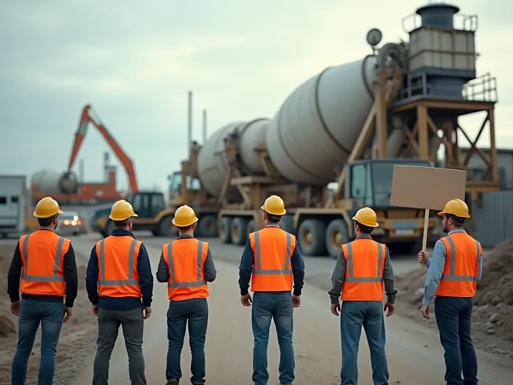labor disputes A group of construction workers in high-visibility vests standing on a picket line holding signs outside a large industrial concrete batching plant with mixer trucks parked silently in the background under an overcast sky.