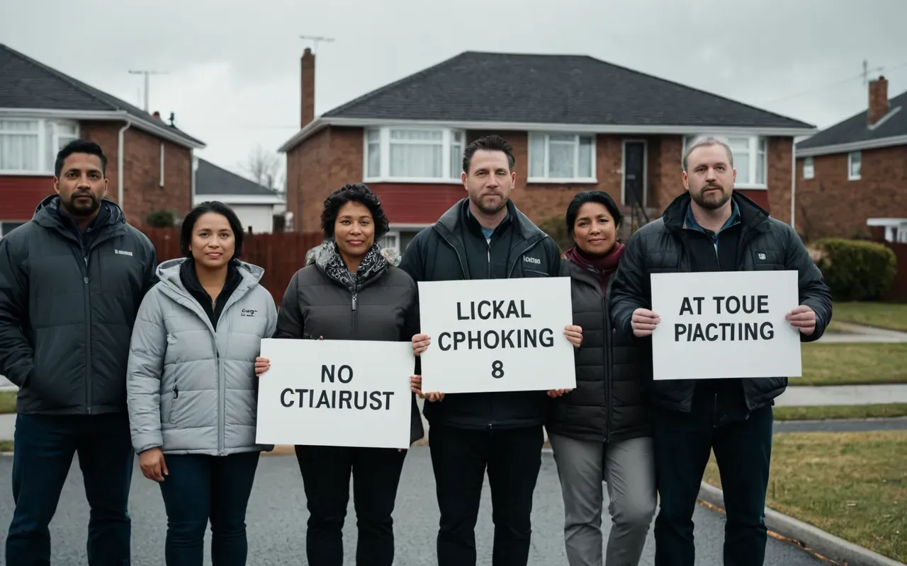 A group of diverse adults standing together holding signs near a suburban street with houses in the background under overcast skies.