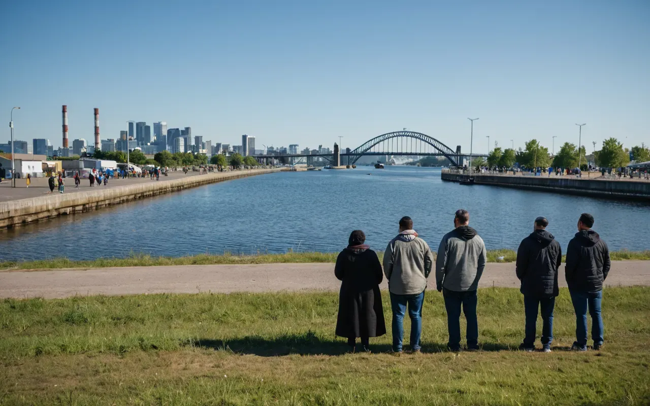 community action A group of diverse community members standing together near a waterfront park, looking towards an industrial area in the distance under a bright blue sky.
