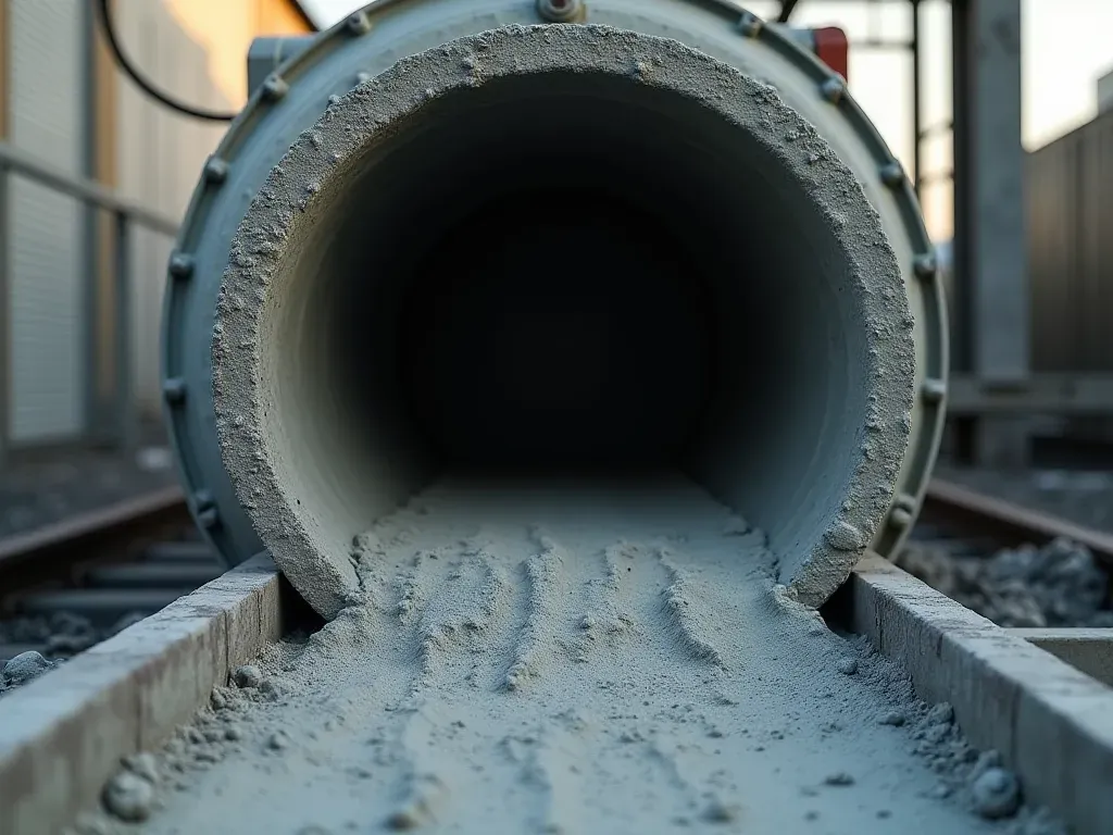 horizontal concrete mixer A large horizontal concrete mixing drum viewed from the side showing dry cement entering one end and wet gray concrete flowing out of a chute at the other end under bright daylight with dust particles visible in the air.