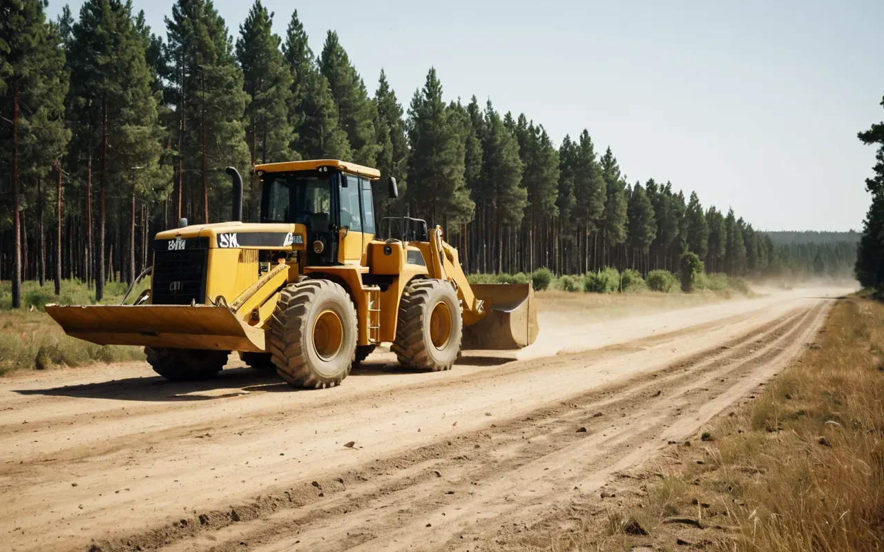 A large yellow bulldozer moves across a dusty rural road near a grassy field with pine trees in the background under bright daylight.