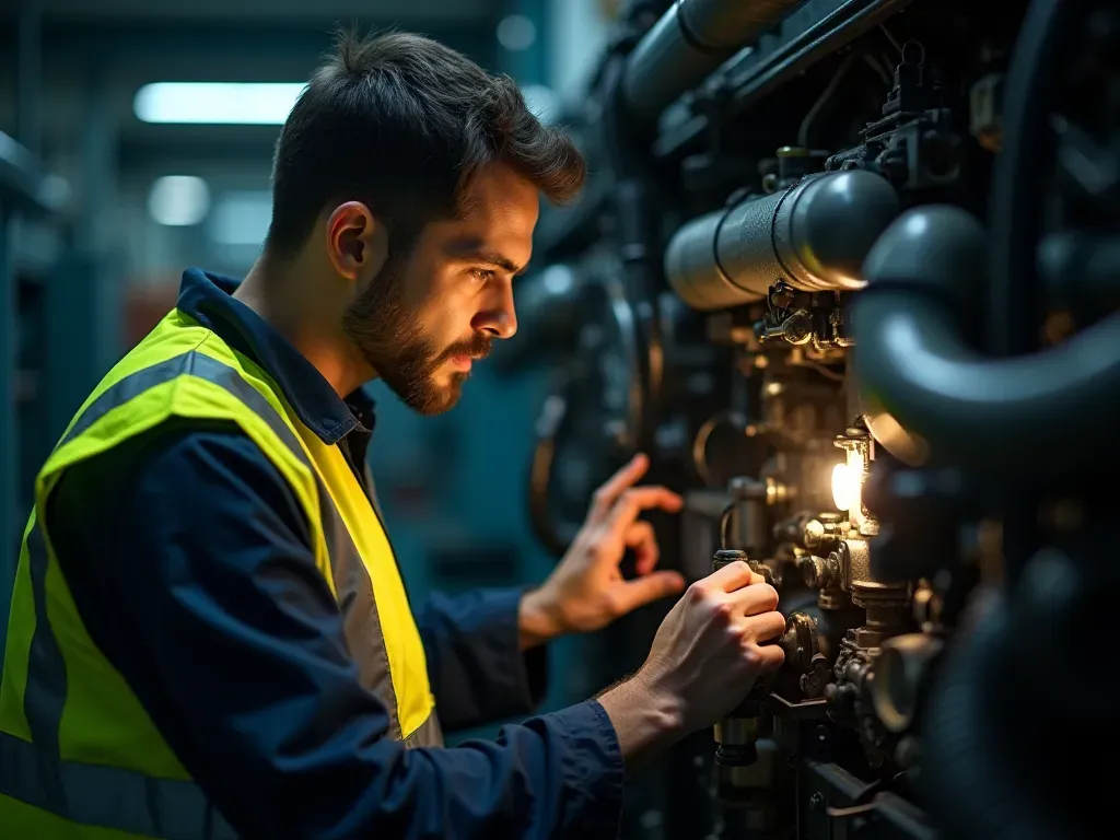 A mechanic in a high-visibility vest inspecting the engine compartment of an industrial machine with a flashlight, focused expression