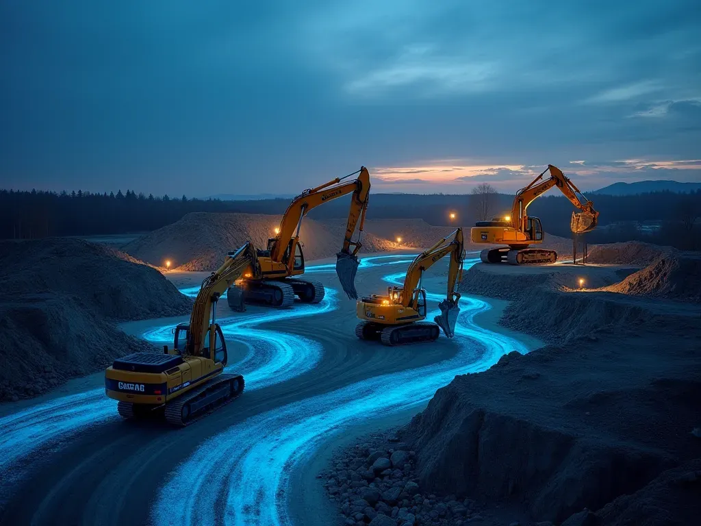 synchronized equipment A modern construction site at dusk with multiple excavators working in a synchronized pattern. Blue LED lights outline the machinery paths on the dirt surface, showing automated coordination.