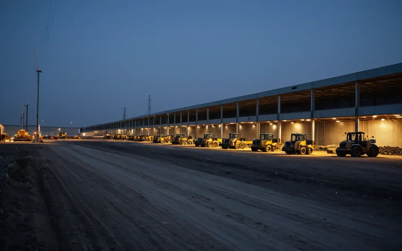 A modern construction site at dusk with several electric machines parked in a row. The lights are off and the scene is peaceful. A single worker walks away from the equipment carrying a clipboard under artificial lighting.