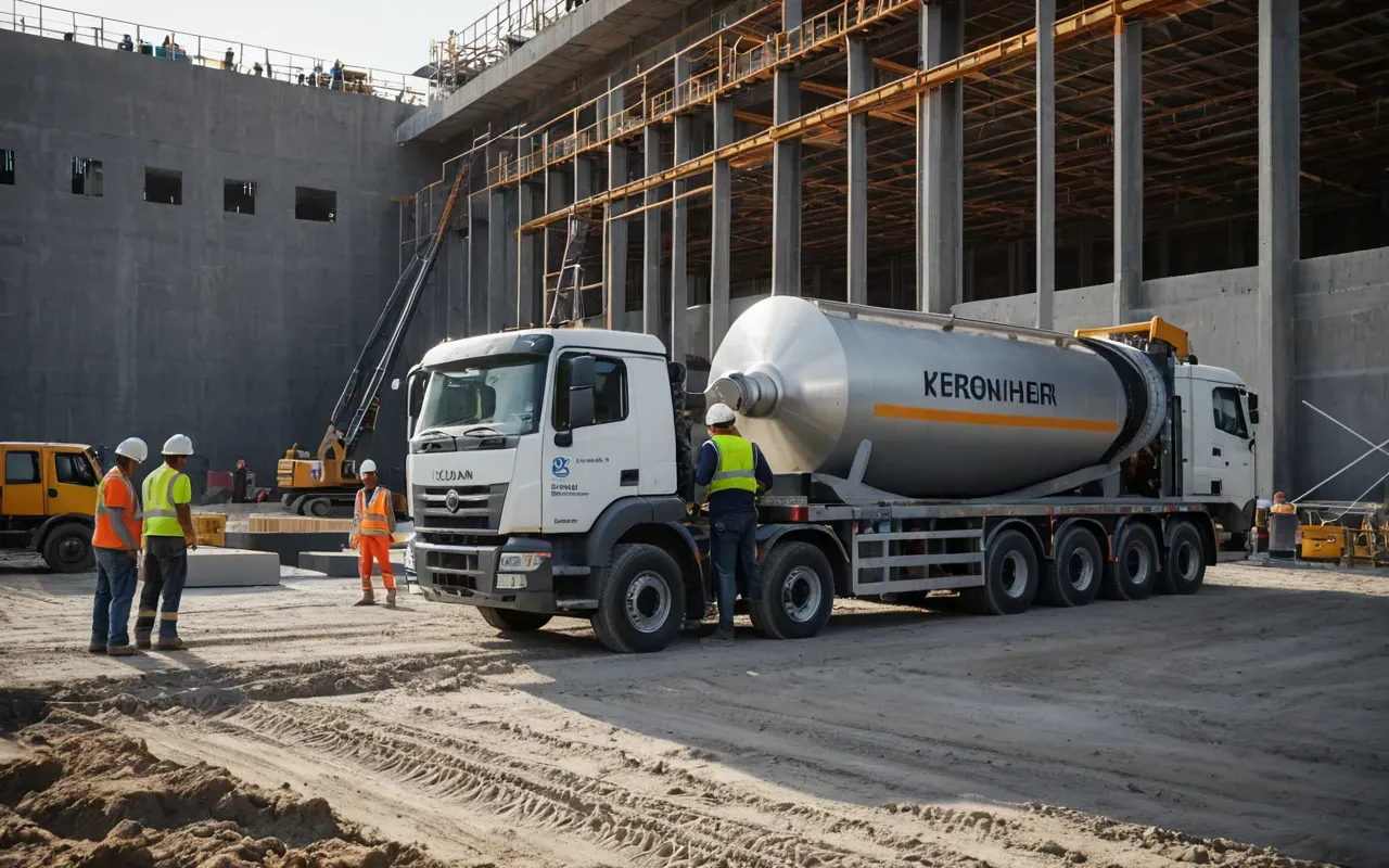 A modern construction site with a large ready mix truck unloading grey concrete into a foundation formwork while workers in hard hats observe the process under clear blue skies.