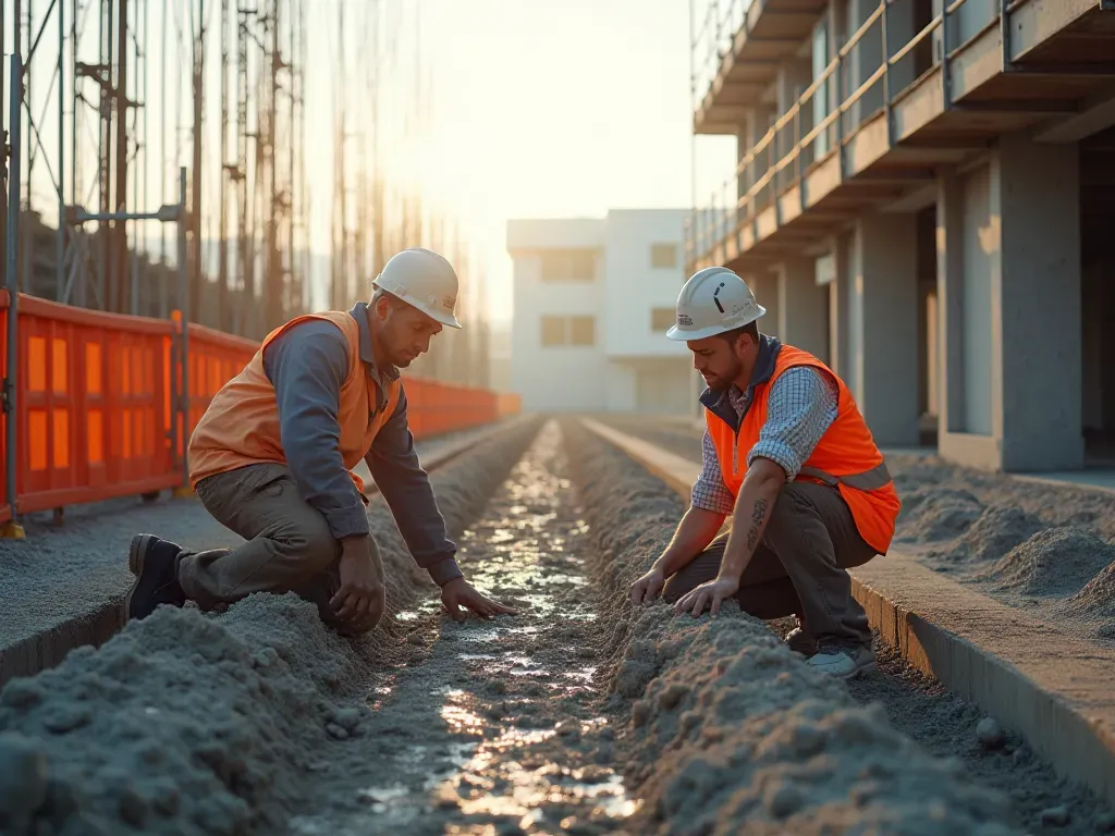construction sites A modern construction site with workers inspecting freshly poured concrete foundations under bright sunlight surrounded by scaffolding and safety barriers in an organized layout.