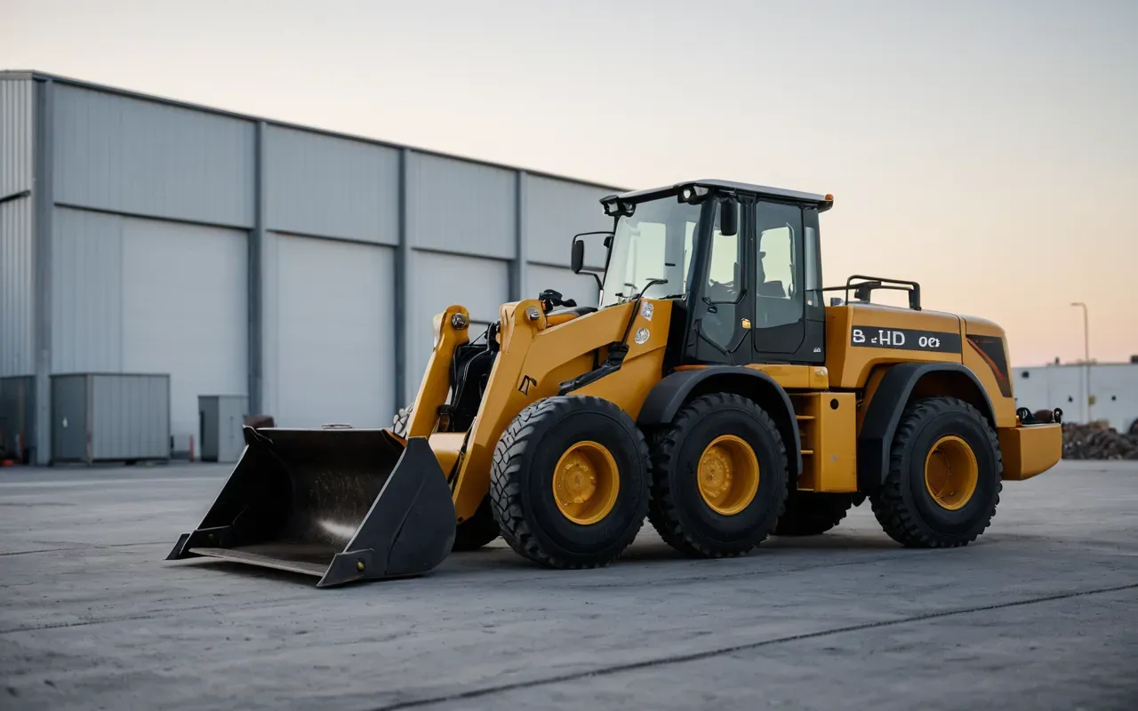 A modern electric wheel loader parked on a clean concrete surface at dawn. The machine is white and sleek with no visible exhaust pipe. Soft morning light reflects off the smooth metallic body while the background remains calm and quiet.