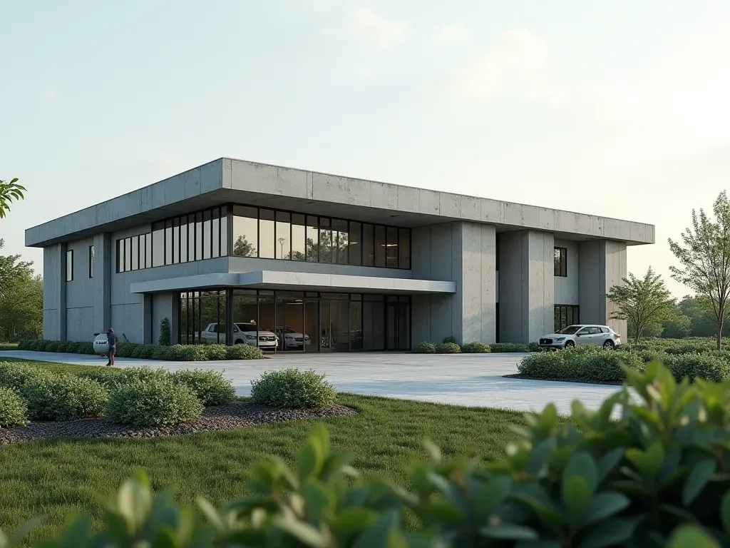 A modern industrial building with an architectural roofline and large windows integrated into a concrete batching facility exterior surrounded by green landscaping under a bright blue sky showing no visible machinery or text on the walls.