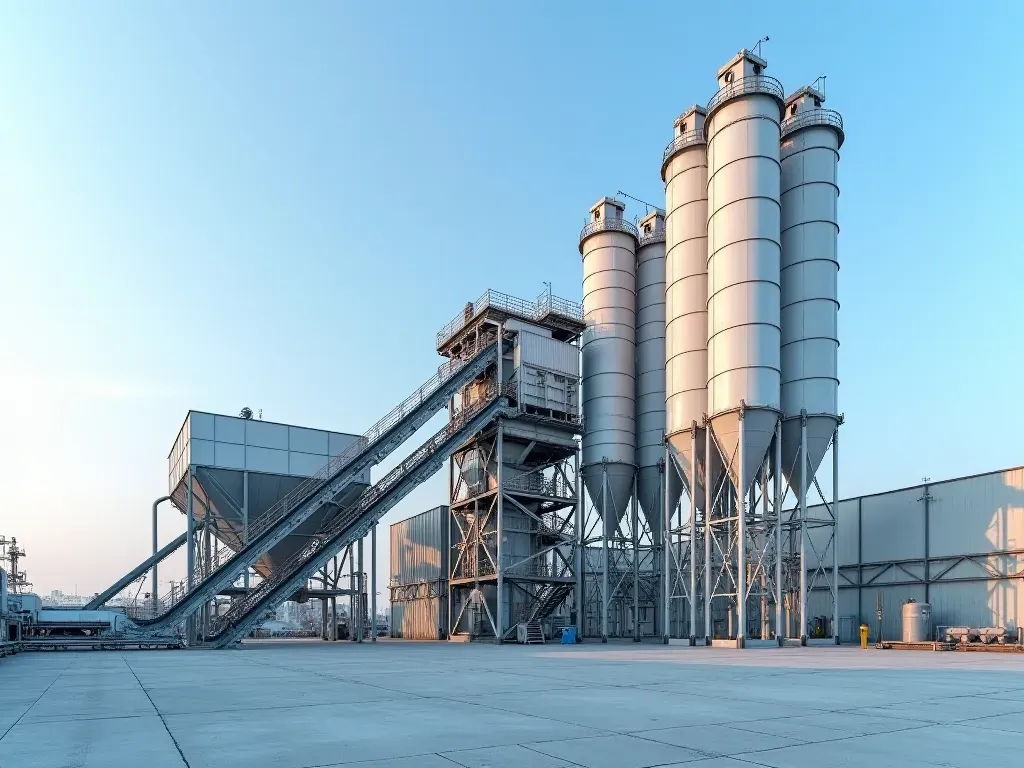 concrete batching facility A modern industrial concrete batching facility with tall metal silos, conveyor belts, and mixing drums under a clear blue sky, surrounded by clean paved grounds and organized material storage areas