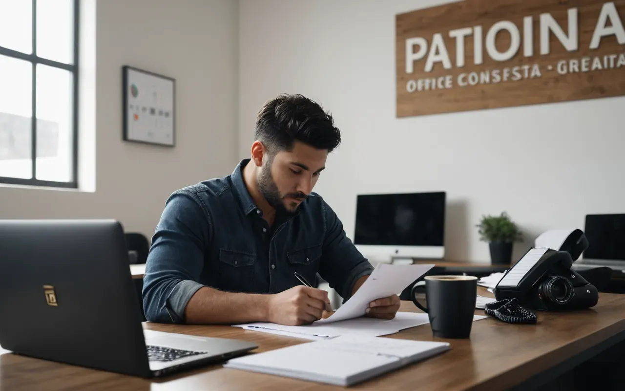 A modern office setting with a person reviewing documents on a laptop. The desk has a few notebooks and a coffee cup, suggesting focused work in a professional environment.