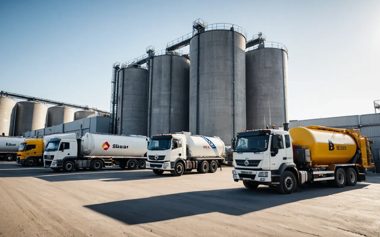 A modern ready-mix concrete plant with large mixing drums and parked delivery trucks under bright morning sunlight. The scene is clean and industrial, showing heavy machinery in a functional layout.