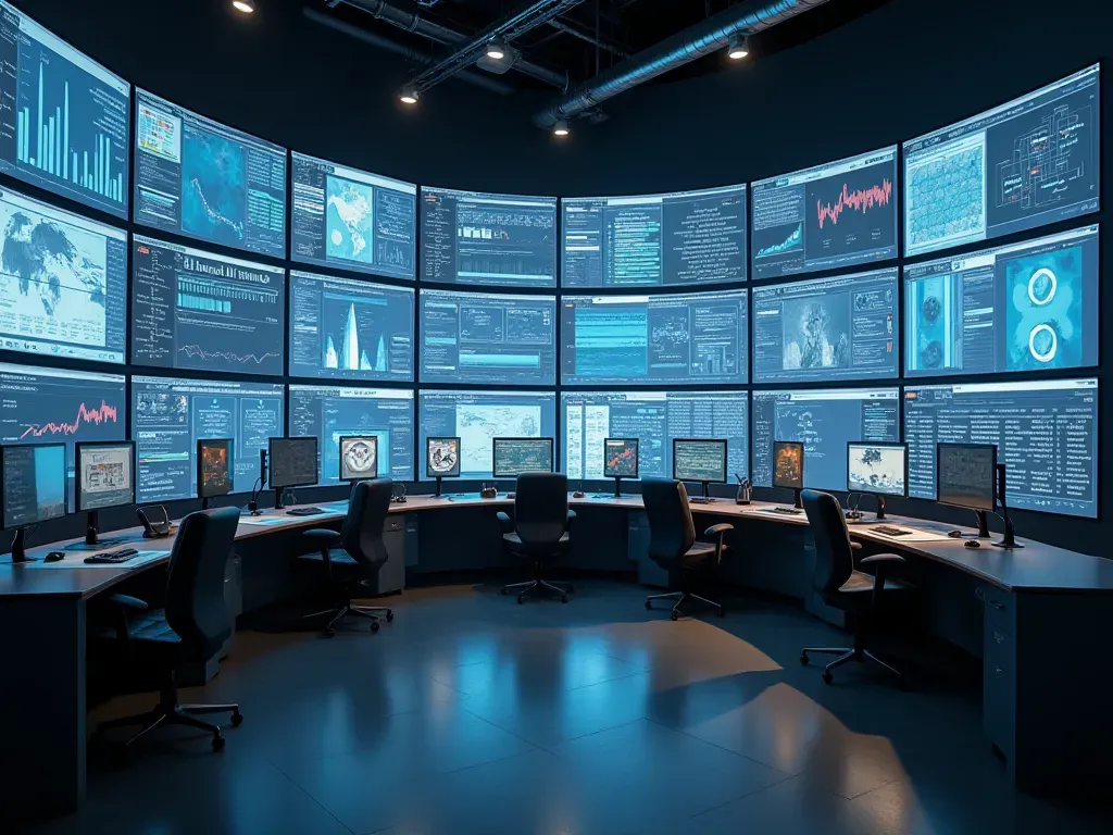 A photorealistic image of a modern concrete batching plant control room with large digital screens displaying real-time data dashboards in bright daylight. The setting is clean and industrial.