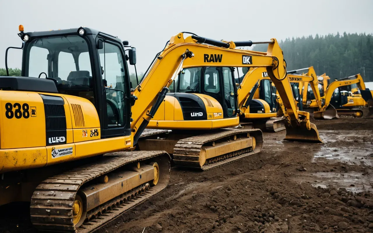 A row of bright yellow heavy construction excavators parked in a large open yard under an overcast sky. The machines are clean and new with visible hydraulic arms resting on the ground.