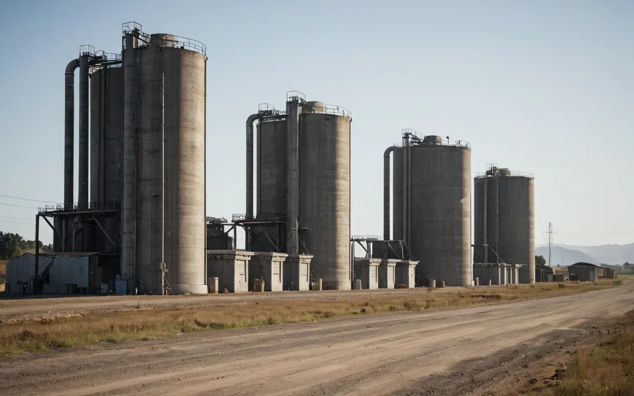 A row of identical industrial concrete mixing facilities with tall ventilation stacks standing side by side in a rural landscape with dirt roads and sparse vegetation under an overcast sky.