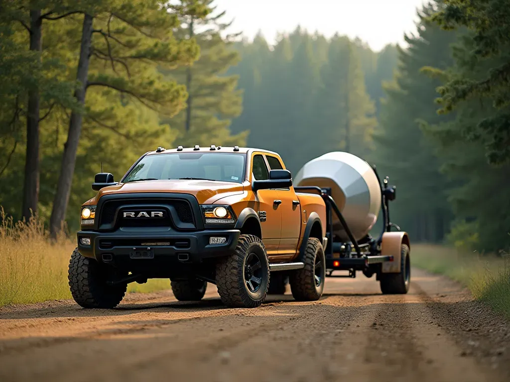 towable concrete mixer A rugged off-road pickup truck towing a compact concrete mixing trailer across a dirt gravel road near a forest clearing with the mixer drum visible on wheels and headlights reflecting on the dusty ground.