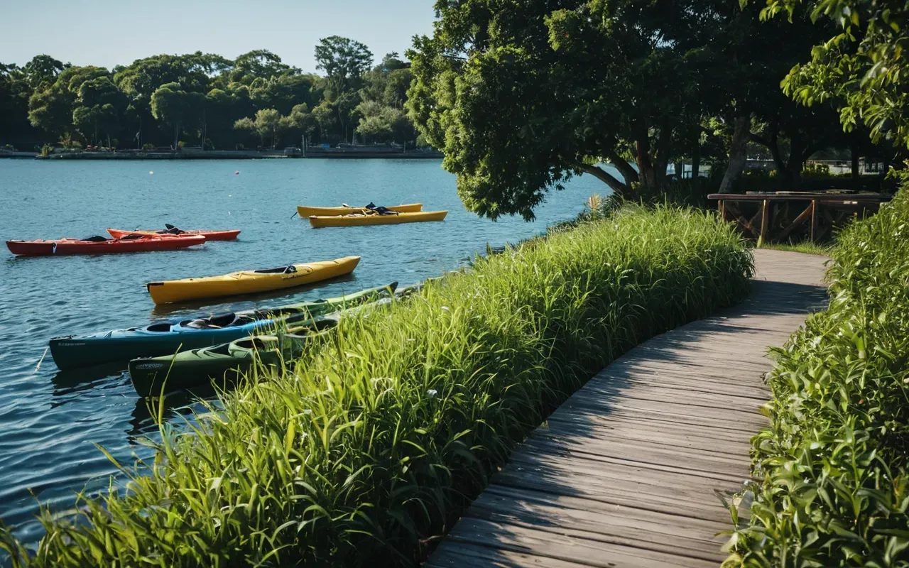 waterfront development A serene view of a waterfront park with wooden boardwalks and lush greenery, overlooking calm blue water with kayaks docked nearby under a clear sky.
