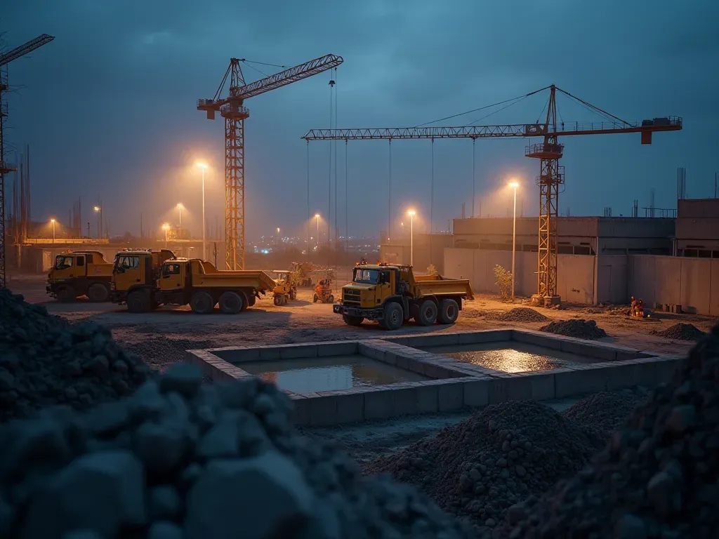 A wide-angle photorealistic view of a busy construction site at dusk with concrete trucks pouring fresh mix into forms illuminated by bright work lights against an urban skyline background.